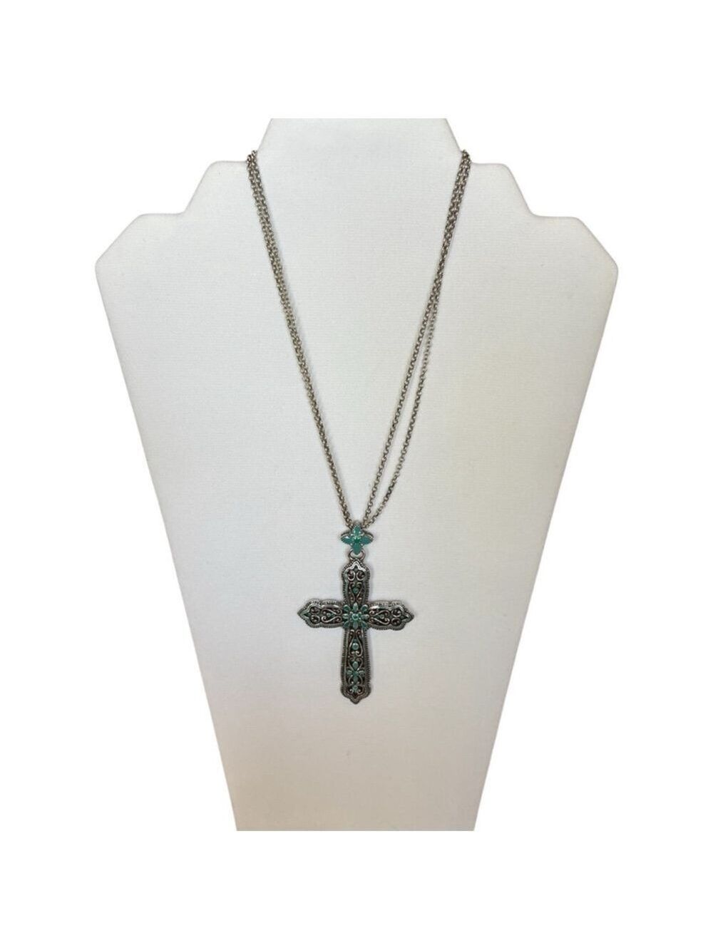 Brighton Retired Silver Turquoise Cross Pendant Necklace Size 8.5”-10”